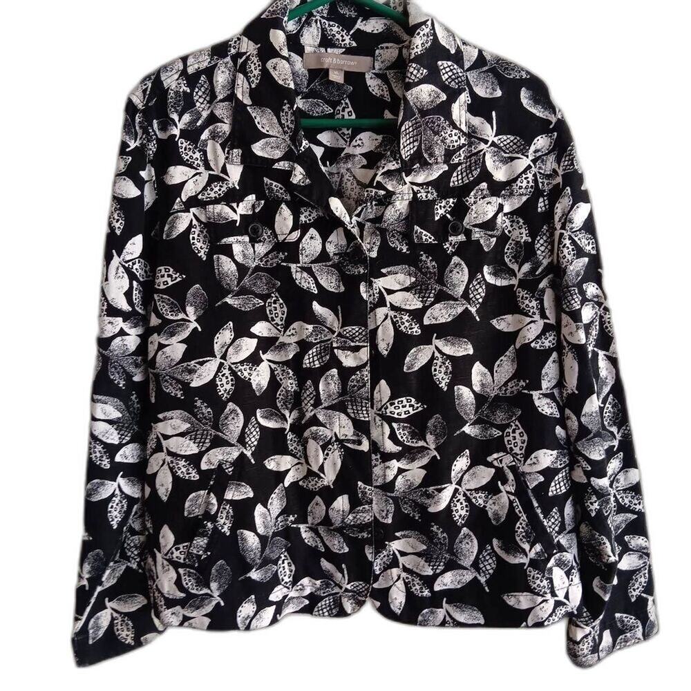 Croft & Barrow Shacket Blazer Women XL Linen Cotton Black White Button up Leaves